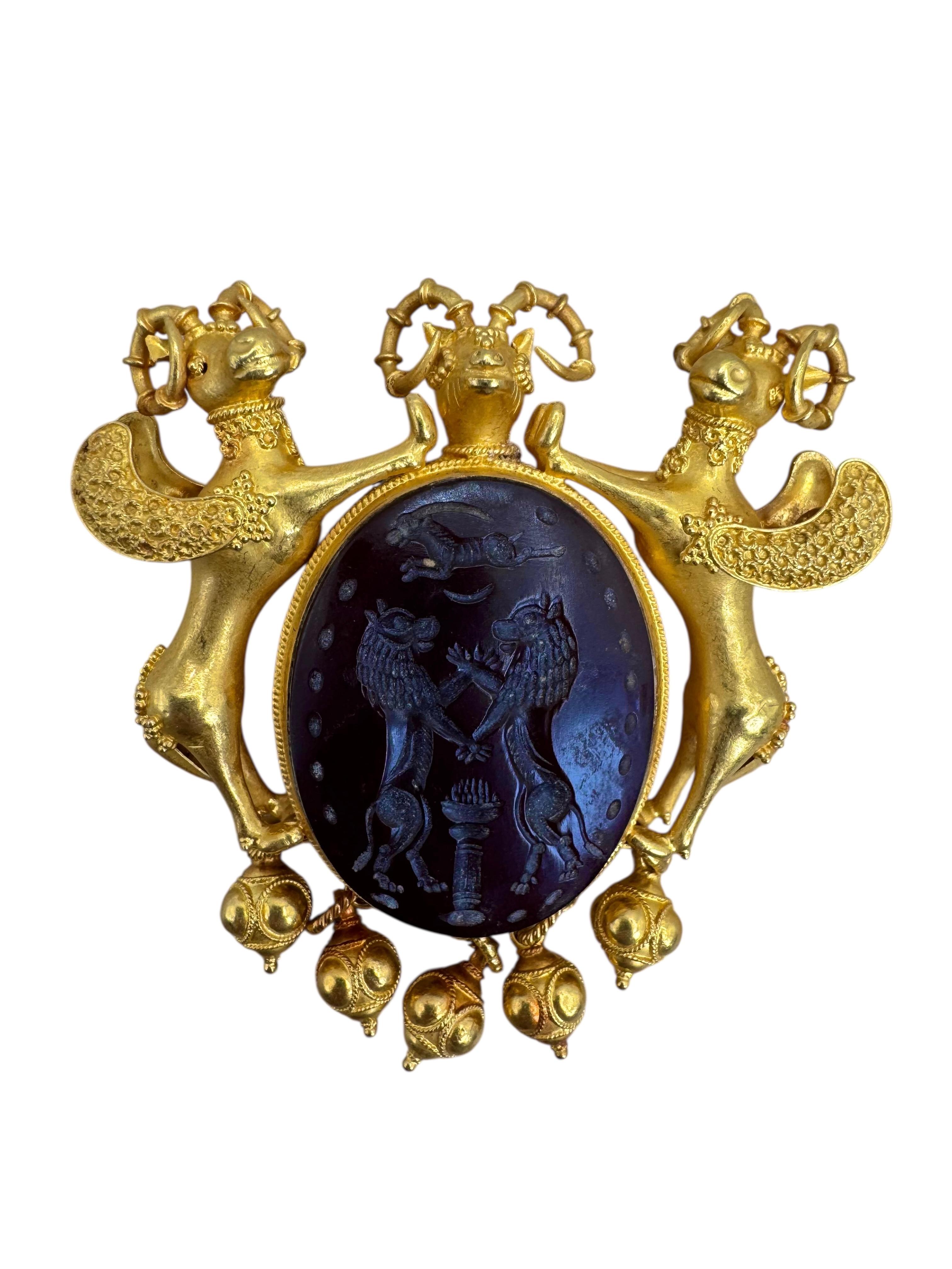 20K Yellow Gold Carved Carnelian and Ram Motif Brooch with Granulated Drops