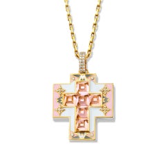 20K Yellow Gold, Enamel, Morganite & Diamond Cross Pendant by Buddha Mama