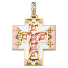 20K Yellow Gold, Enamel, Morganite & Diamond Cross Pendant by Buddha Mama