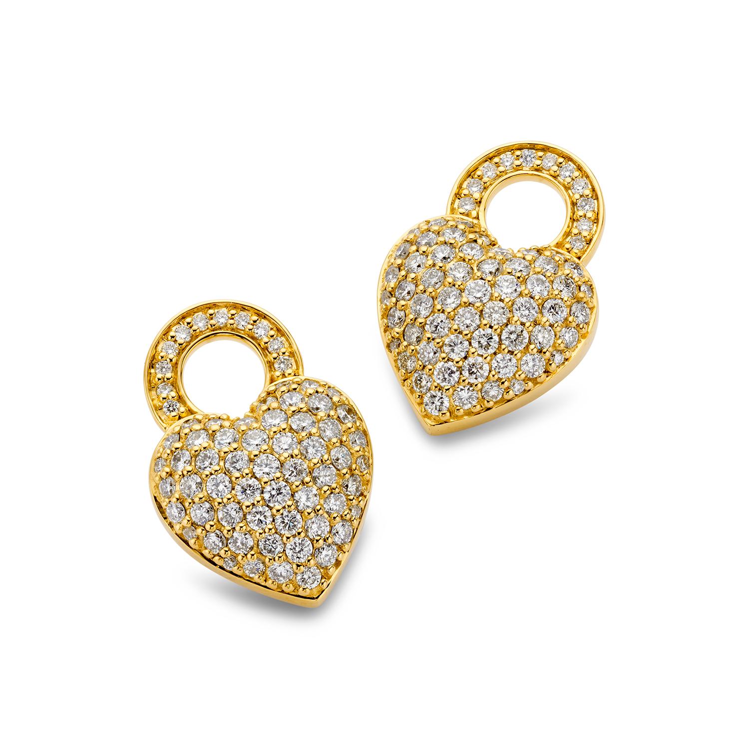 Modern 20K Yellow Gold Hollow Hoop Earrings with Diamond Heart Charms by Buddha Mama For Sale