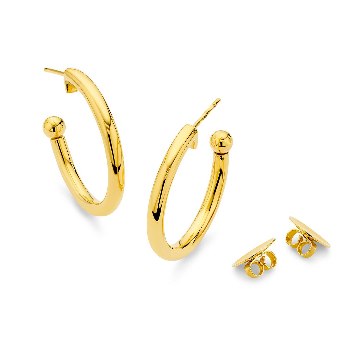 Brilliant Cut 20K Yellow Gold Hollow Hoop Earrings with Diamond Heart Charms by Buddha Mama For Sale