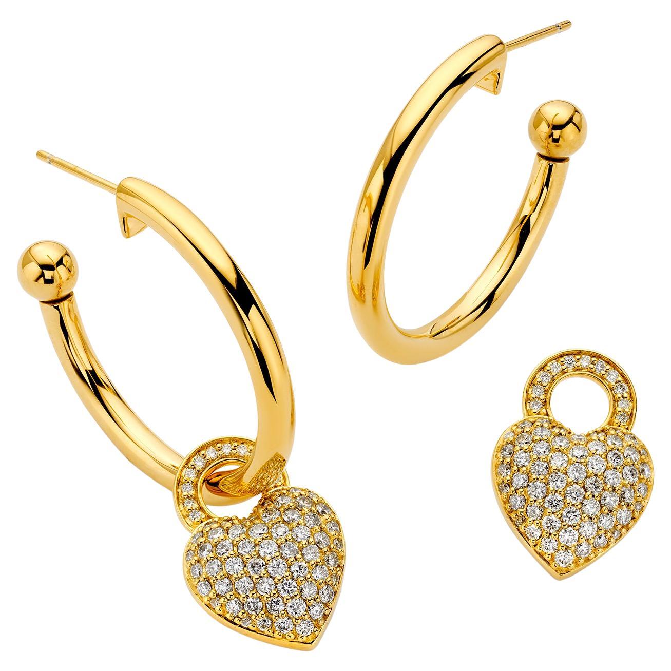20K Yellow Gold Hollow Hoop Earrings with Diamond Heart Charms by Buddha Mama