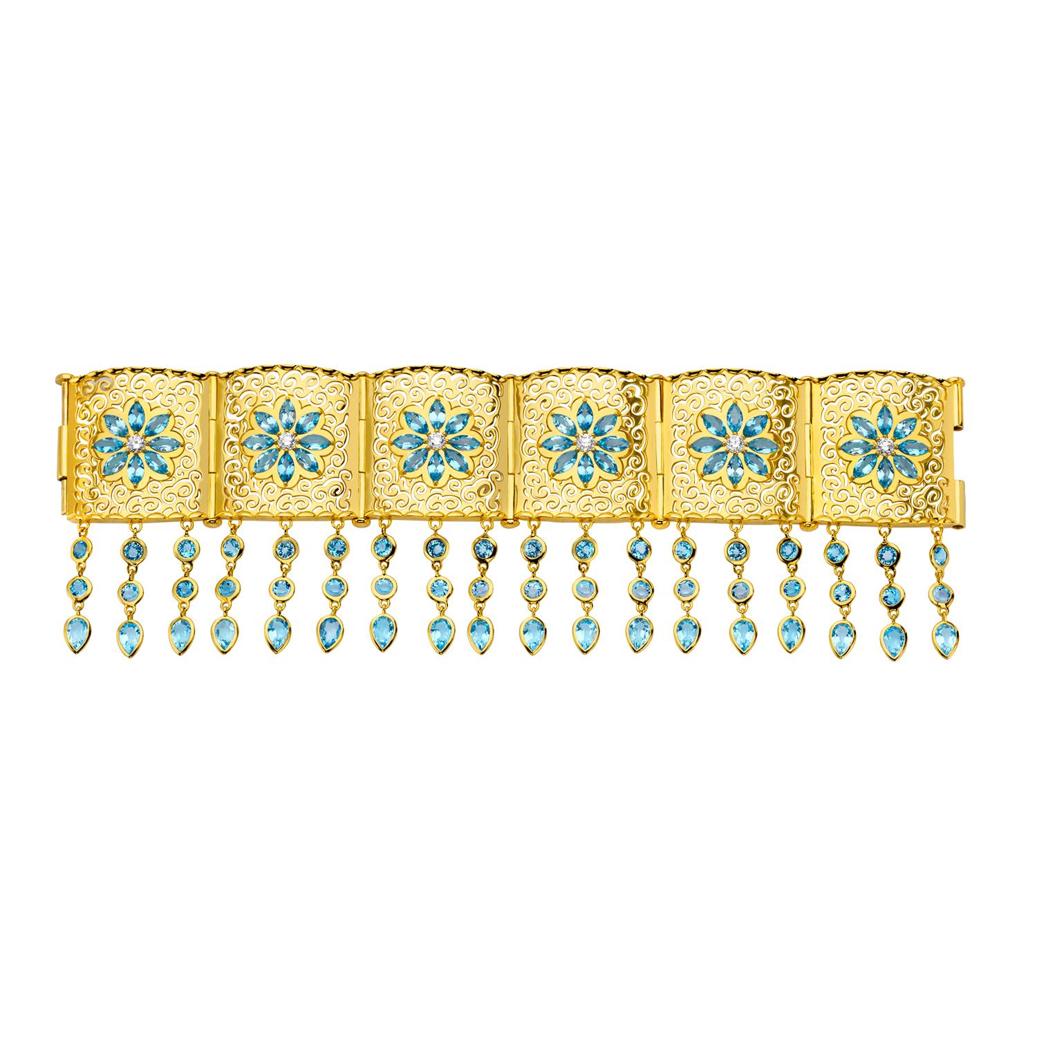 Taglio brillante Bracciale Mandala in oro giallo 20K, Topazio blu svizzero e diamanti di Buddha Mama in vendita