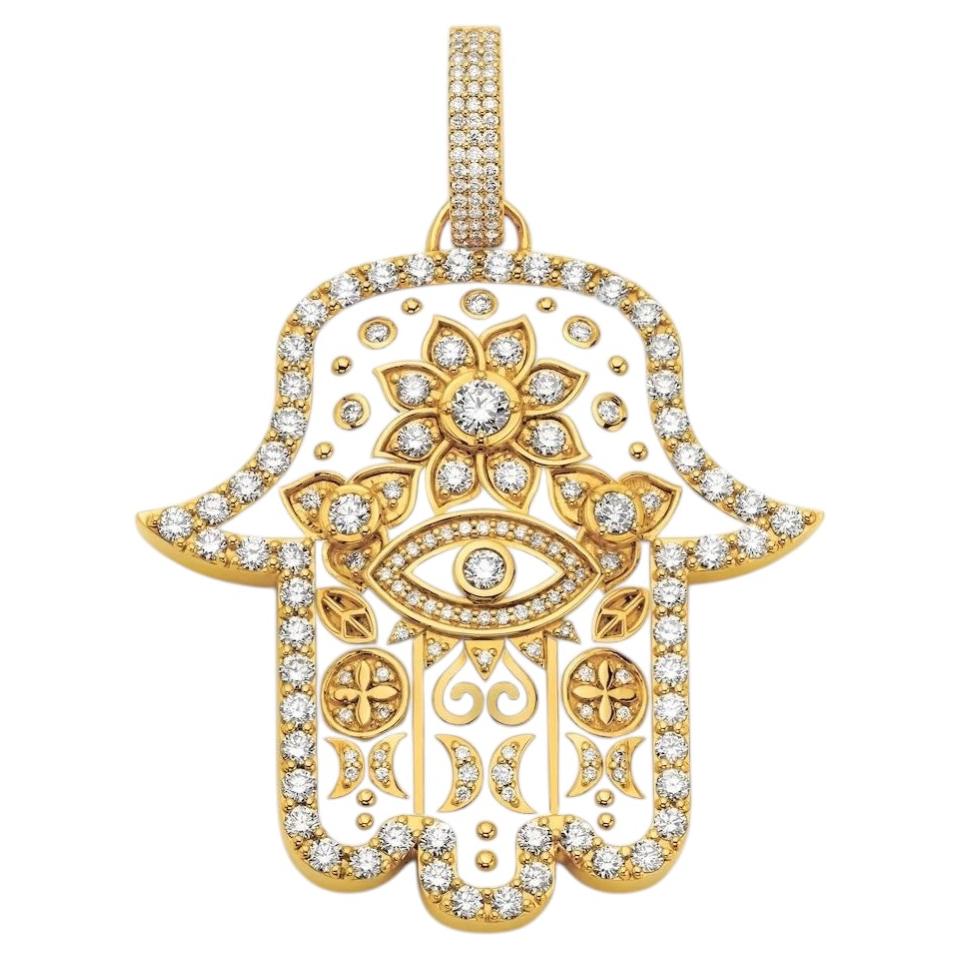 Ciondolo Hamsa in oro giallo 20K con diamante medio e smalto bianco di Buddha Mama