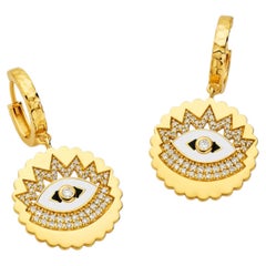 20K Yellow Gold Scalloped Evil Eye Diamond Earrings by Buddha Mama