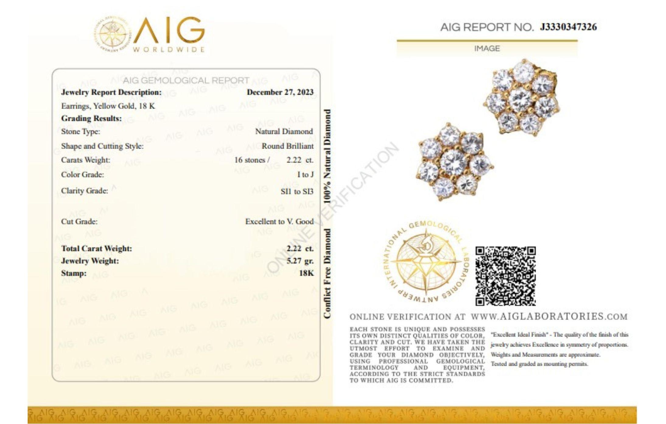 20k Yellow Gold Stud Cluster Earrings 2.22 total carat weight Natural Diamonds For Sale 4