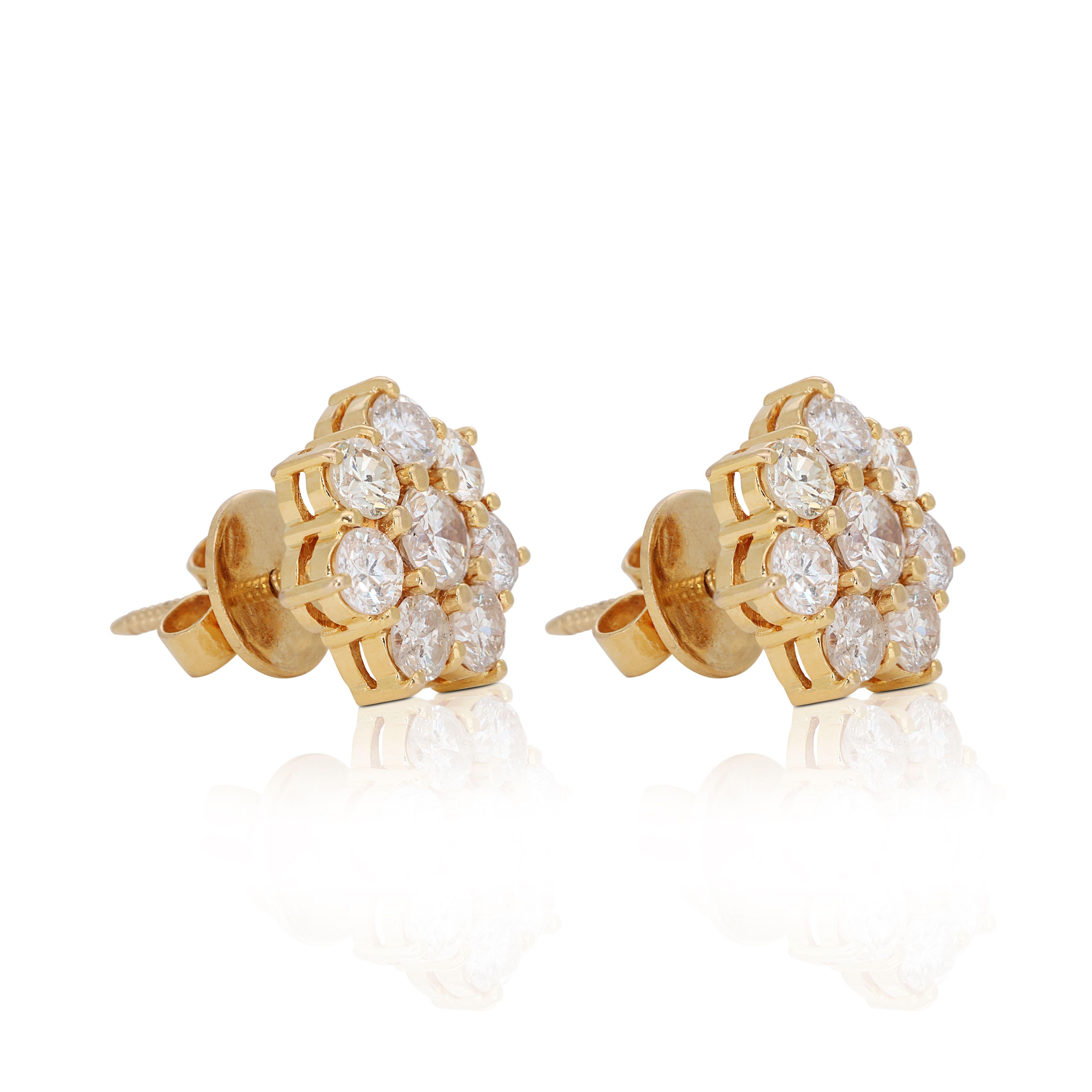 Women's 20k Yellow Gold Stud Cluster Earrings 2.22 total carat weight Natural Diamonds