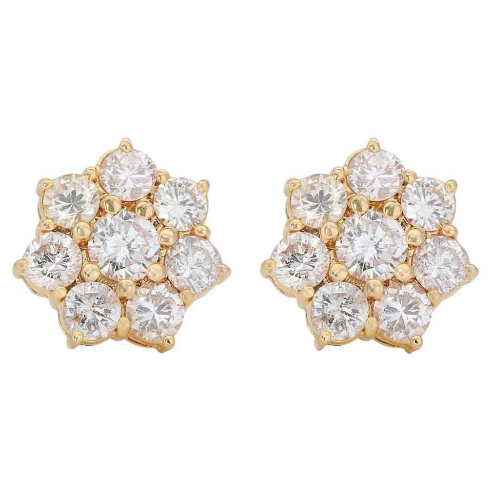 20k Yellow Gold Stud Cluster Earrings 2.22 total carat weight Natural Diamonds For Sale