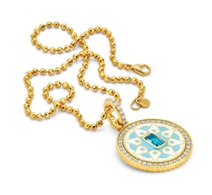 20K YG Mandala Coin Pendant with Blue Topaz, Diamond & Enamel by Buddha Mama