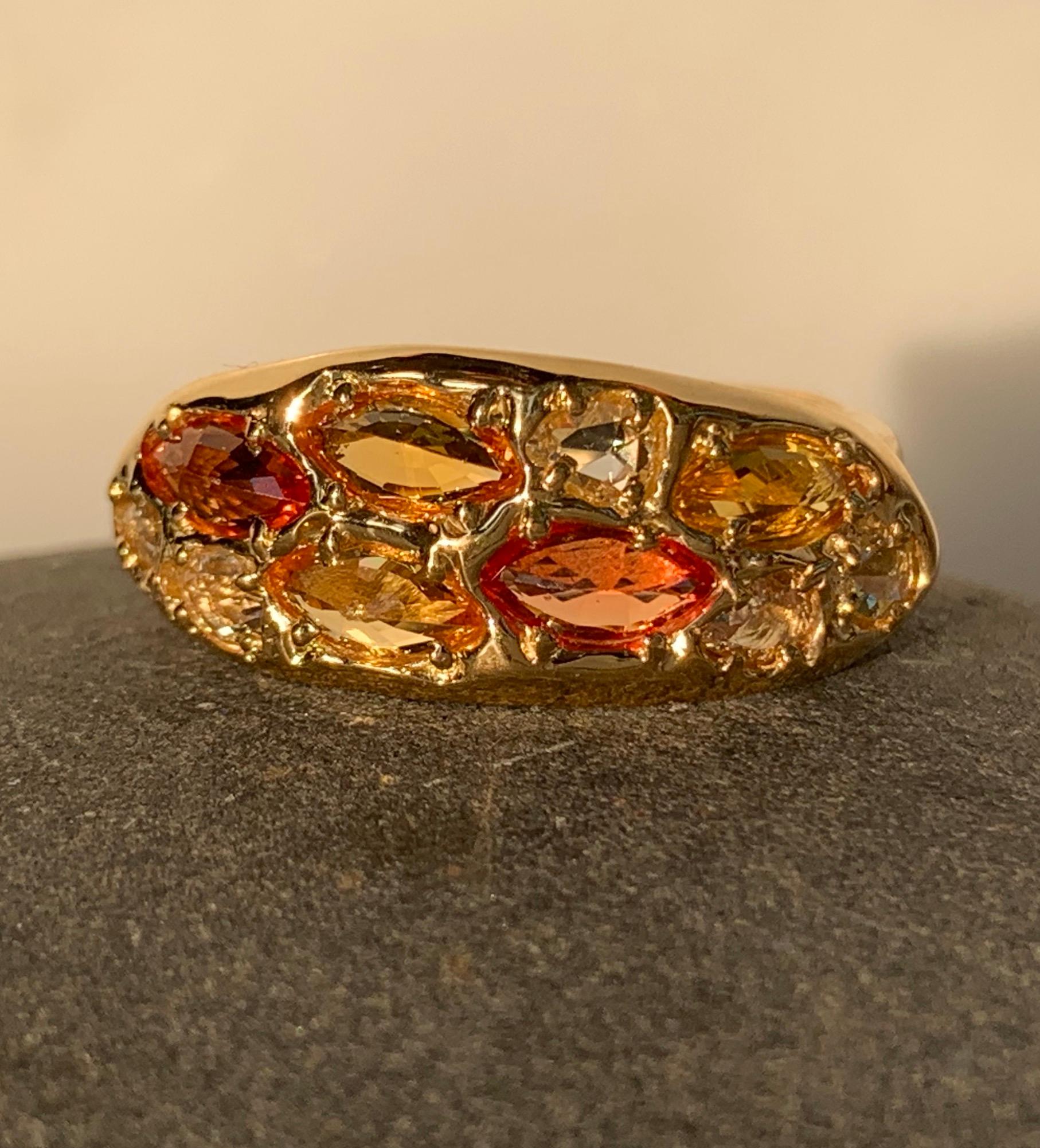 Rose Cut 20kt Yellow Gold Ring with Orange and Yellow Fancy Sapphires and White Diamonds For Sale