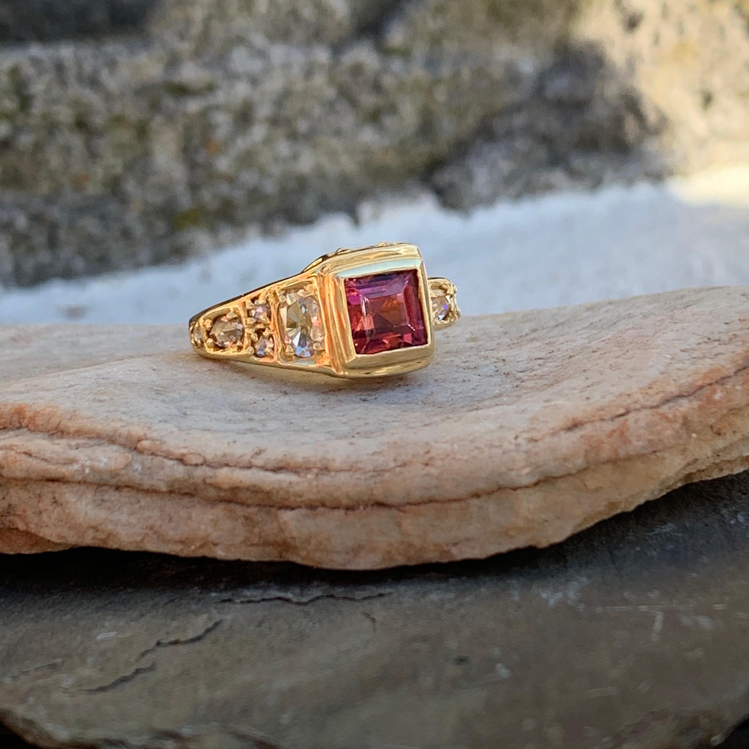 20k Yellow Gold Ring with Pink Tourmaline Square and White Rose Cut Diamonds In New Condition For Sale In Weehawken, NJ