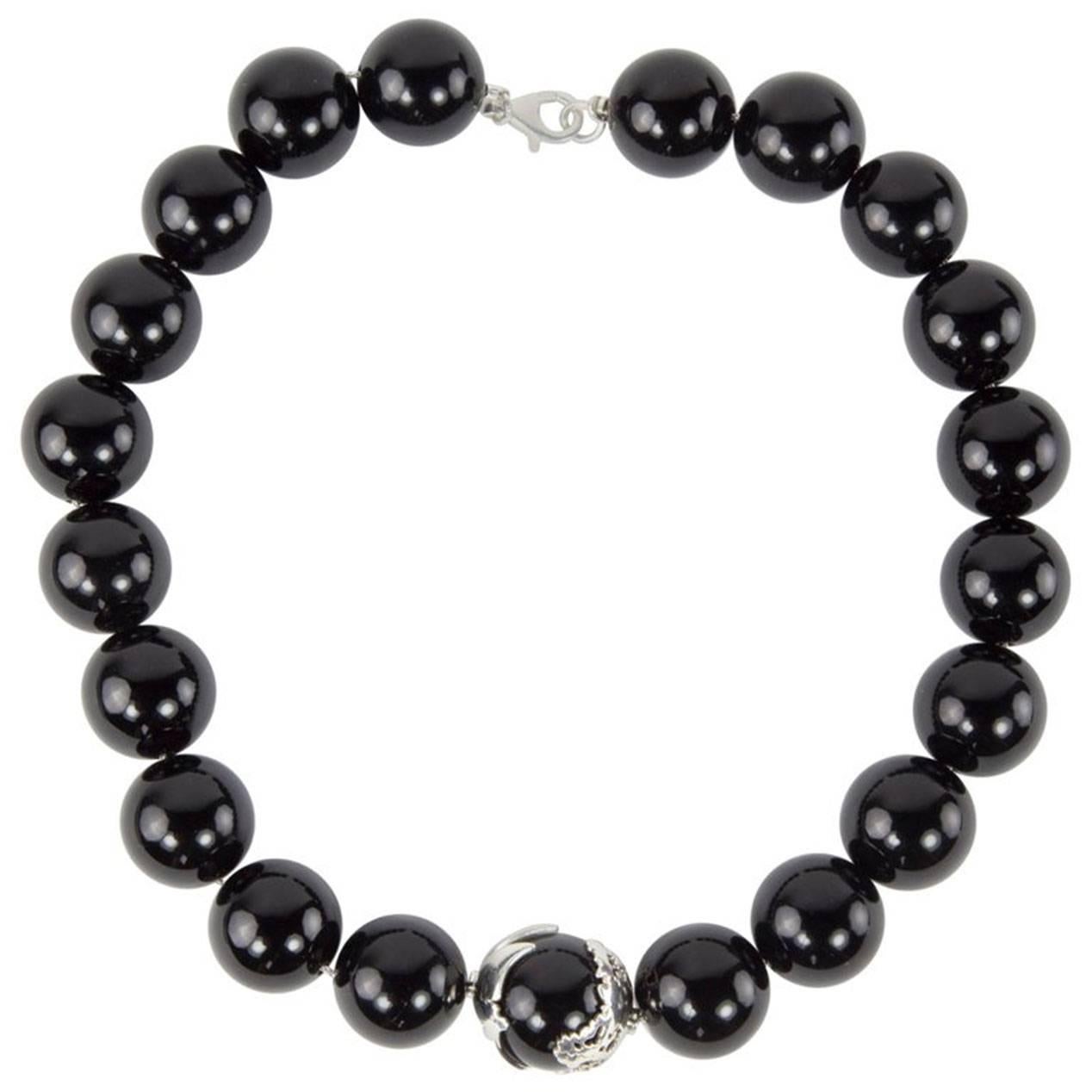 Collier d'affirmation en argent sterling avec perles d'onyx noir de 20 mm en vente