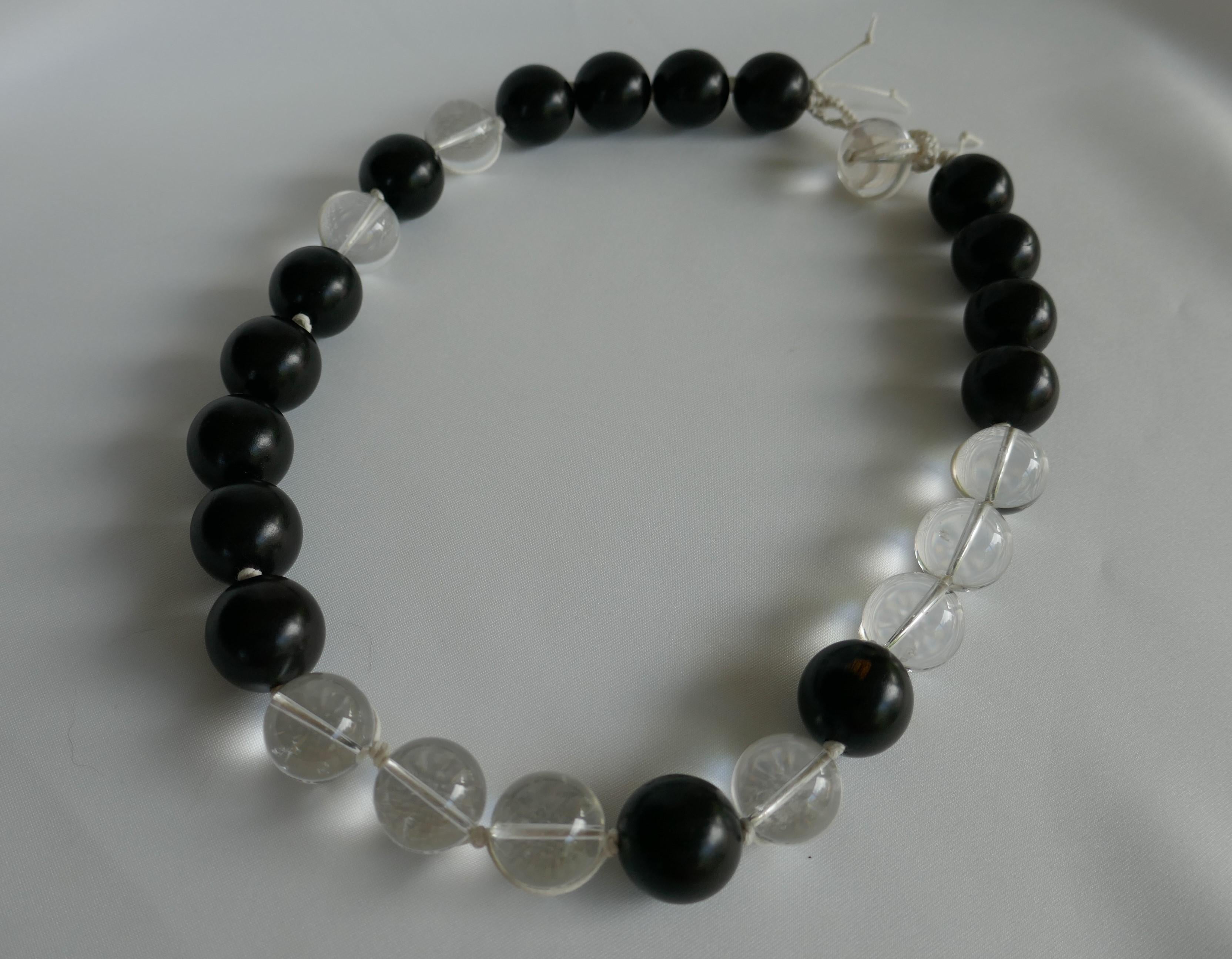 20mm Dark Wood and Rock Crystal Gemstone Necklace In New Condition For Sale In Coral Gables, FL