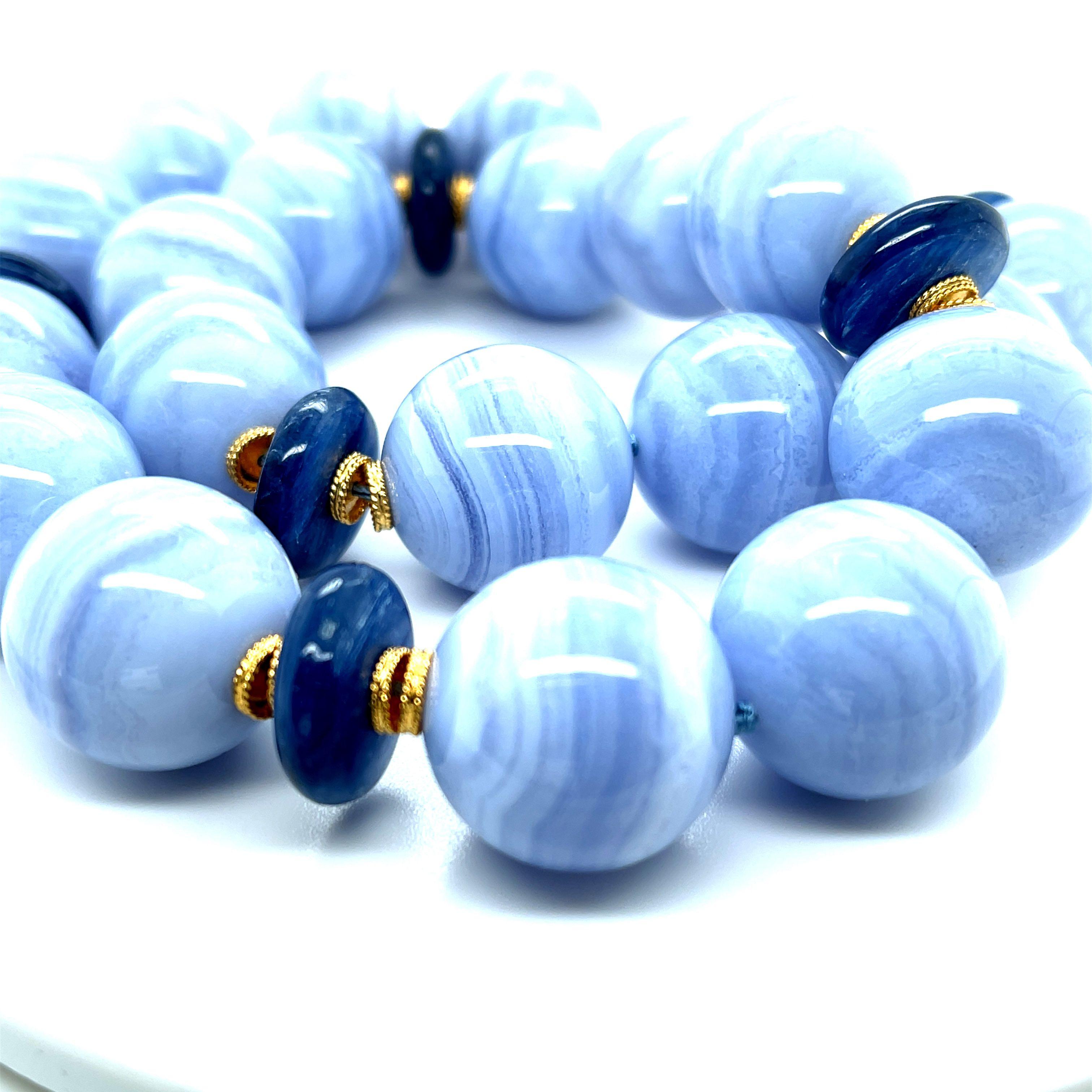 Artisan 20mm Round Blue Lace Agate and Kyanite Bead Necklace with Yellow Gold Accents For Sale