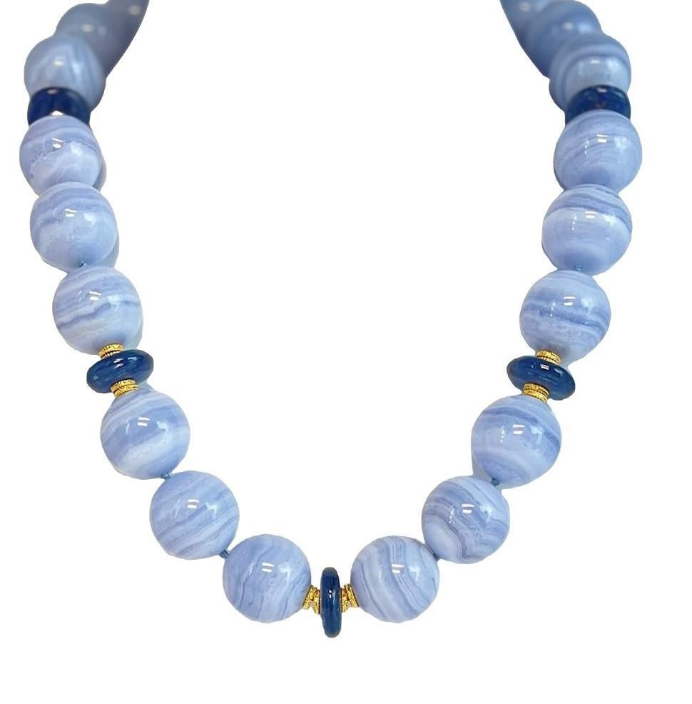 20mm Round Blue Lace Agate and Kyanite Bead Necklace with Yellow Gold Accents In New Condition For Sale In Los Angeles, CA