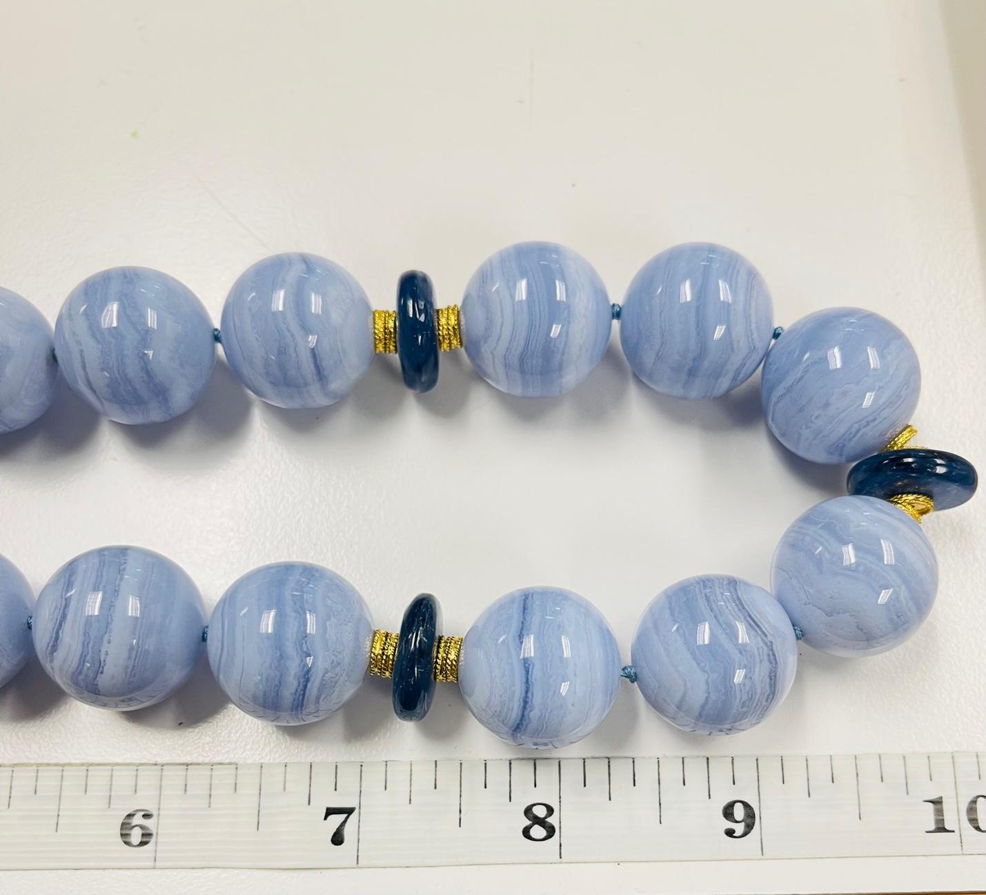 Women's or Men's 20mm Round Blue Lace Agate and Kyanite Bead Necklace with Yellow Gold Accents For Sale