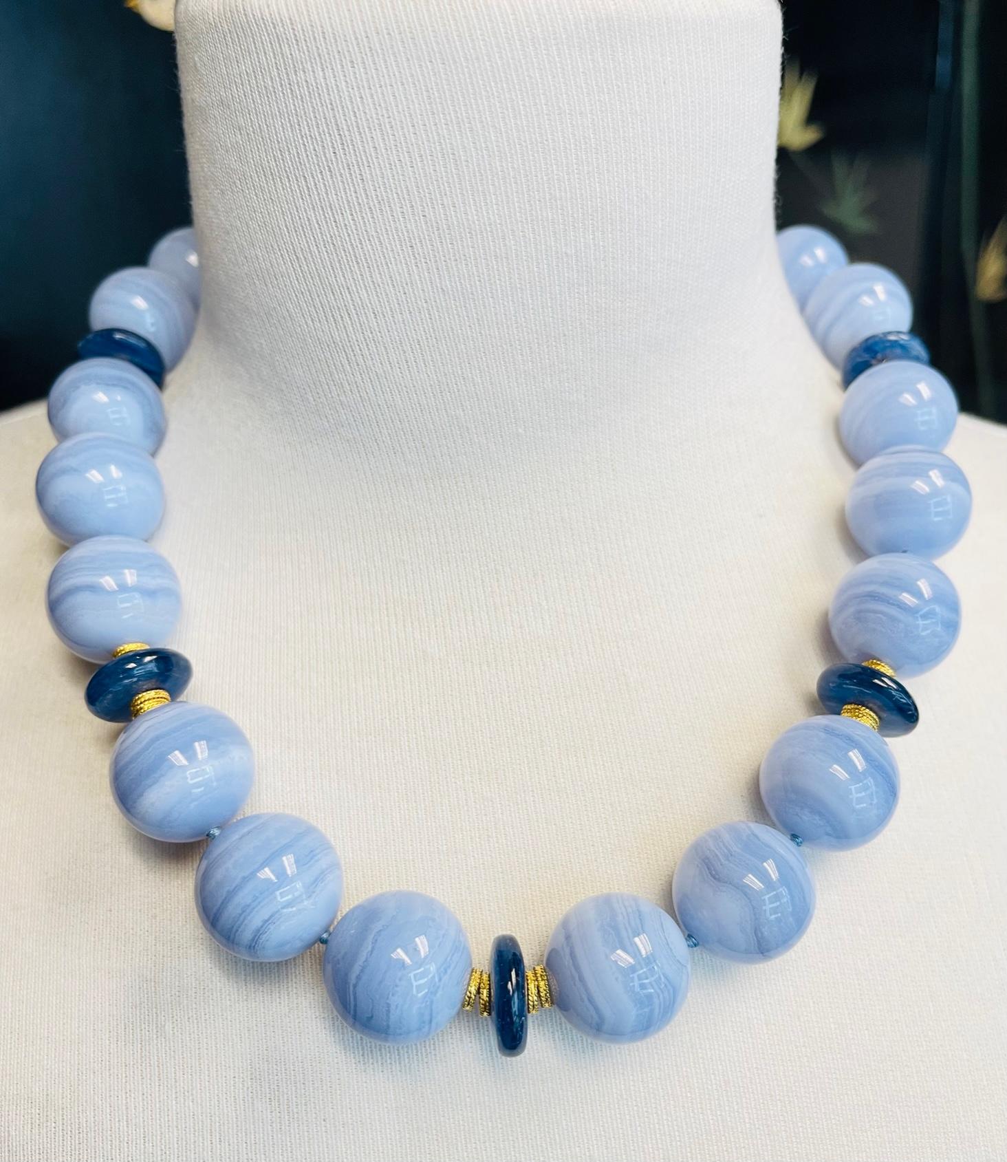 20mm Round Blue Lace Agate and Kyanite Bead Necklace with Yellow Gold Accents For Sale 1