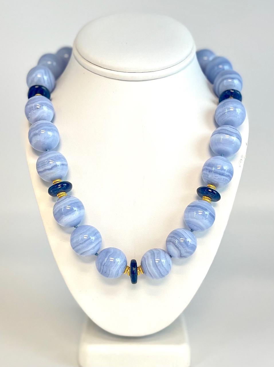 20mm Round Blue Lace Agate and Kyanite Bead Necklace with Yellow Gold Accents For Sale 2
