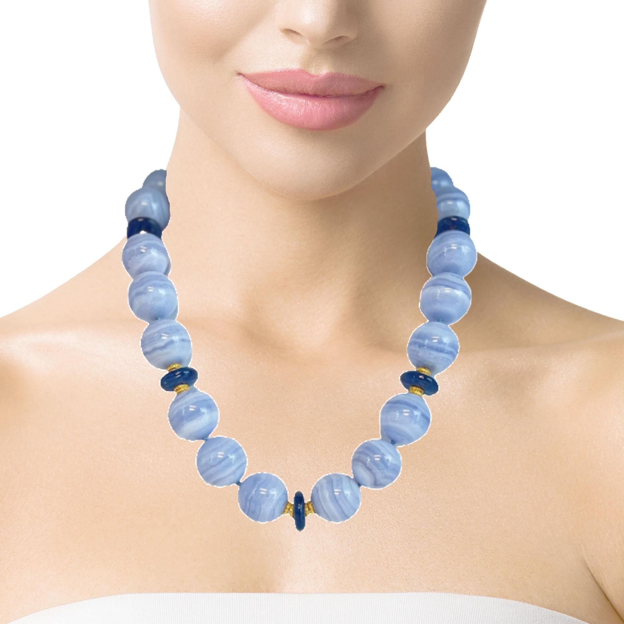 20mm Round Blue Lace Agate and Kyanite Bead Necklace with Yellow Gold Accents For Sale 3