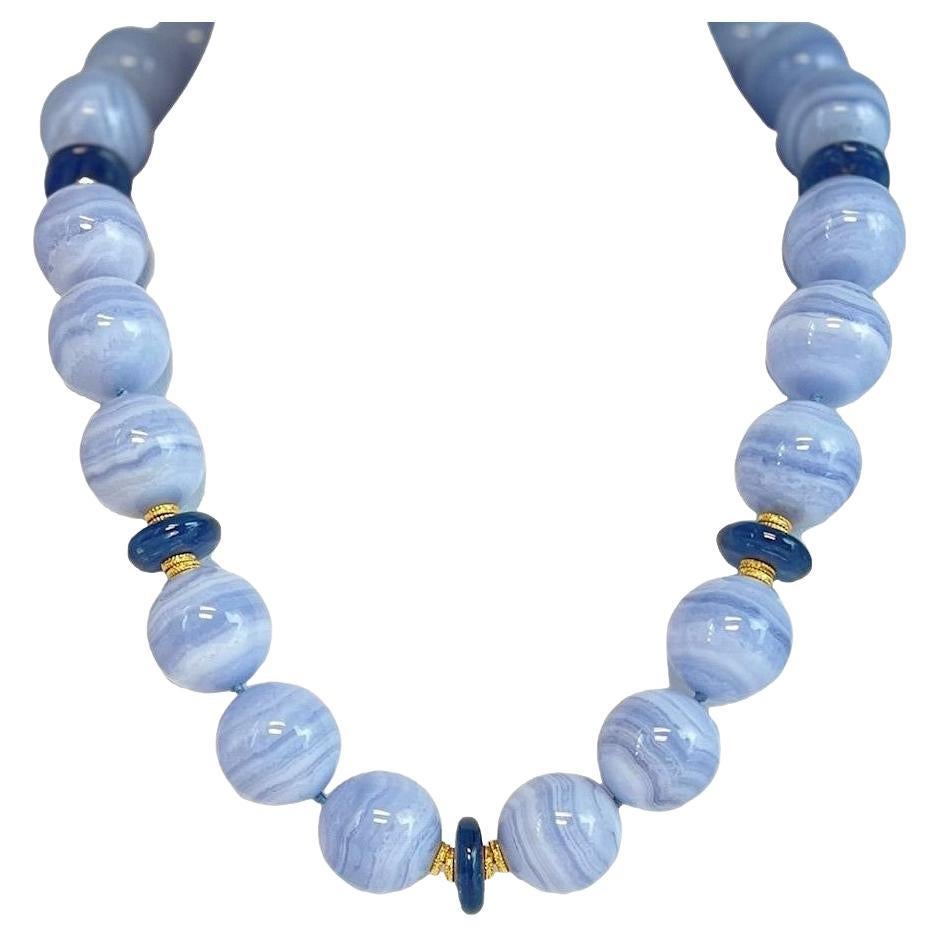 20mm Round Blue Lace Agate and Kyanite Bead Necklace with Yellow Gold Accents For Sale