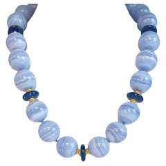 20mm Round Blue Lace Agate and Kyanite Bead Necklace with Yellow Gold Accents