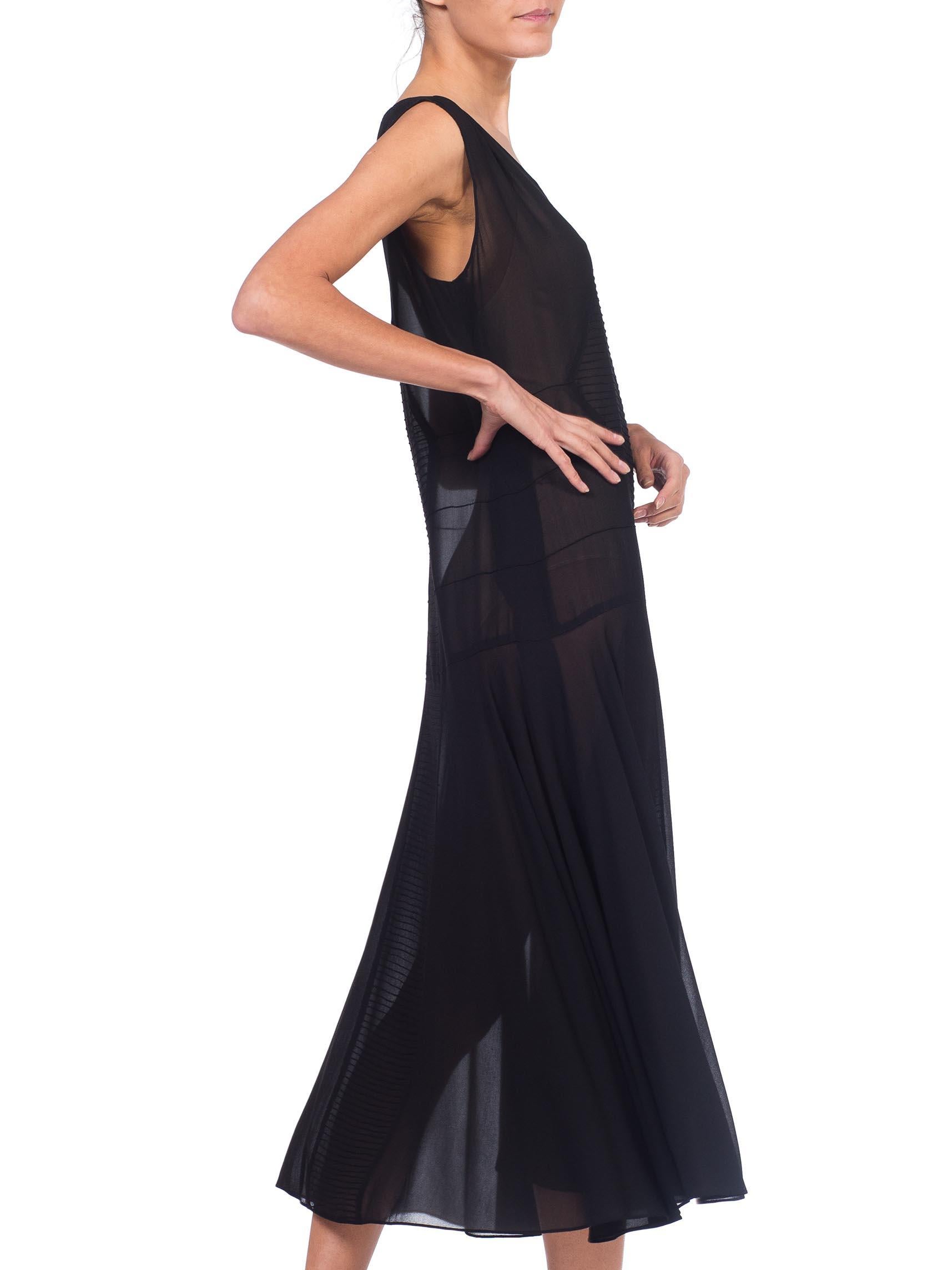 Women's 1920S Black Silk Crepe Sheer Deco Pintucked Day Dress For Sale