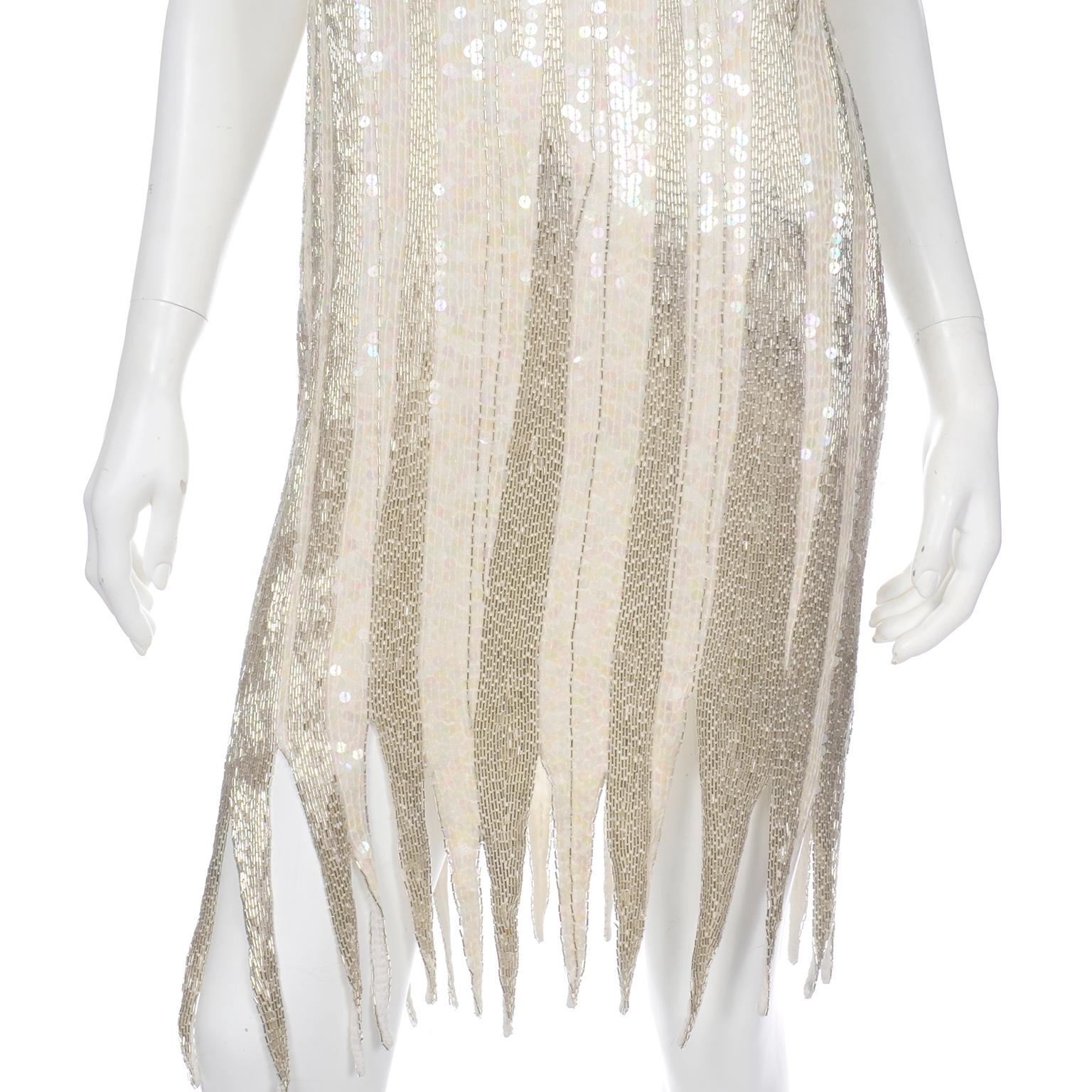 20s Inspired White & Silver Beaded Flapper Style Evening Dress w Beads & Sequins 2