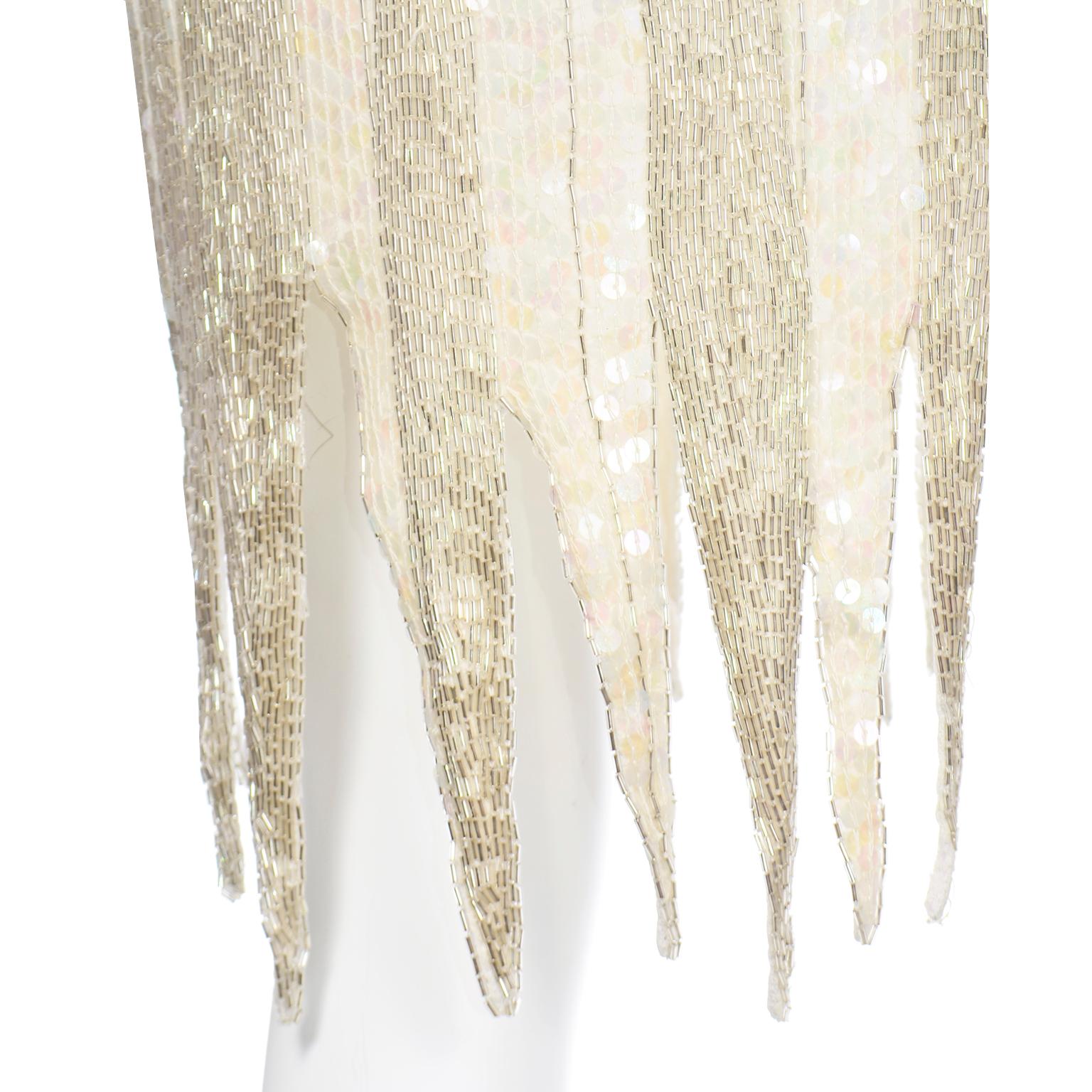 20s Inspired White & Silver Beaded Flapper Style Evening Dress w Beads & Sequins 4
