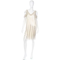 20s Inspired White & Silver Beaded Flapper Style Evening Dress w Beads & Sequins