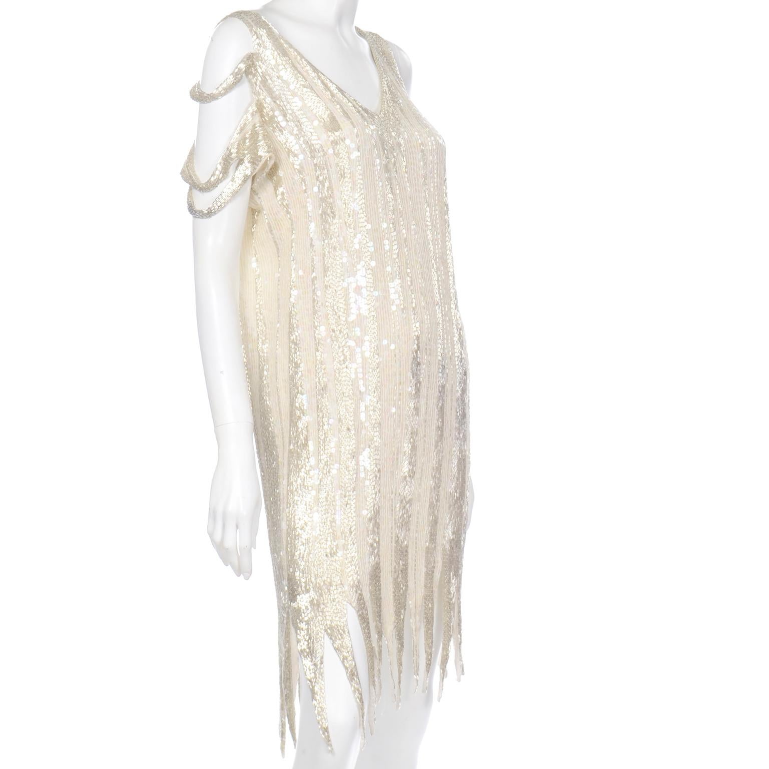 Beige 20s Inspired White & Silver Beaded Flapper Style Evening Dress w Beads & Sequins