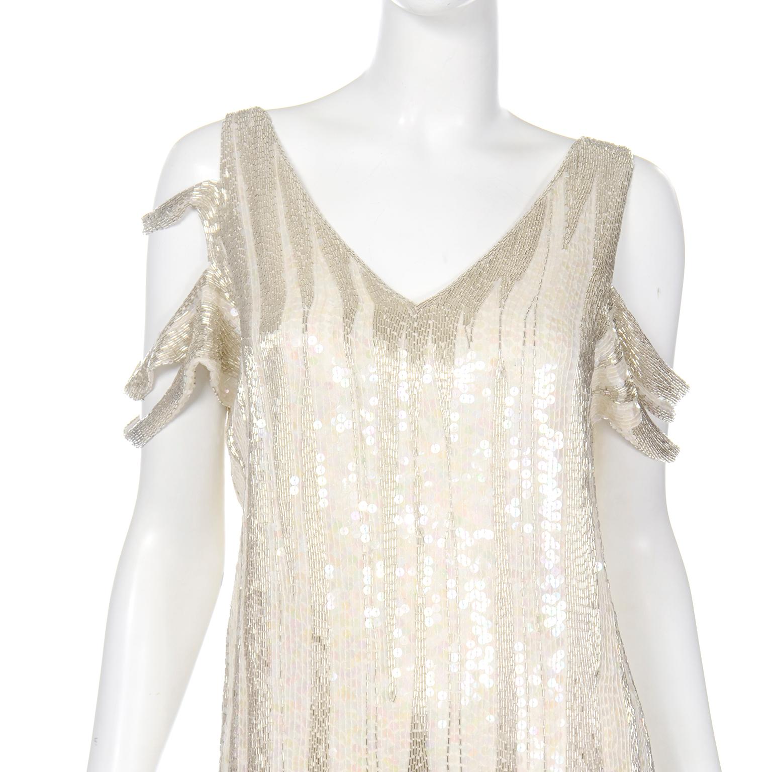 20s Inspired White & Silver Beaded Flapper Style Evening Dress w Beads & Sequins 1