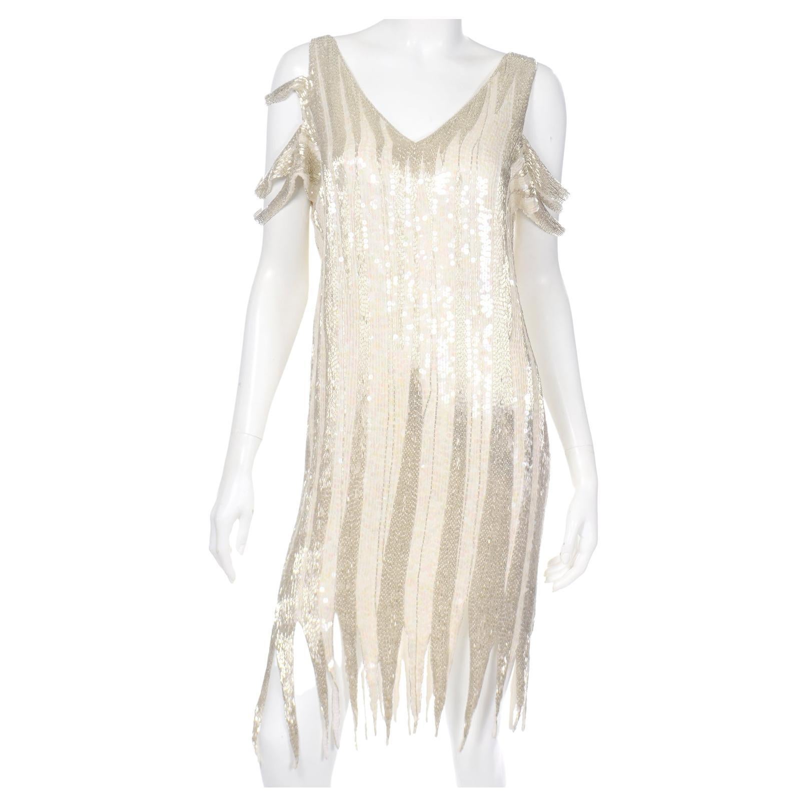 20s Inspired White & Silver Beaded Flapper Style Evening Dress w Beads & Sequins
