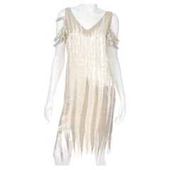 Vintage 20s Inspired White & Silver Beaded Flapper Style Evening Dress w Beads & Sequins