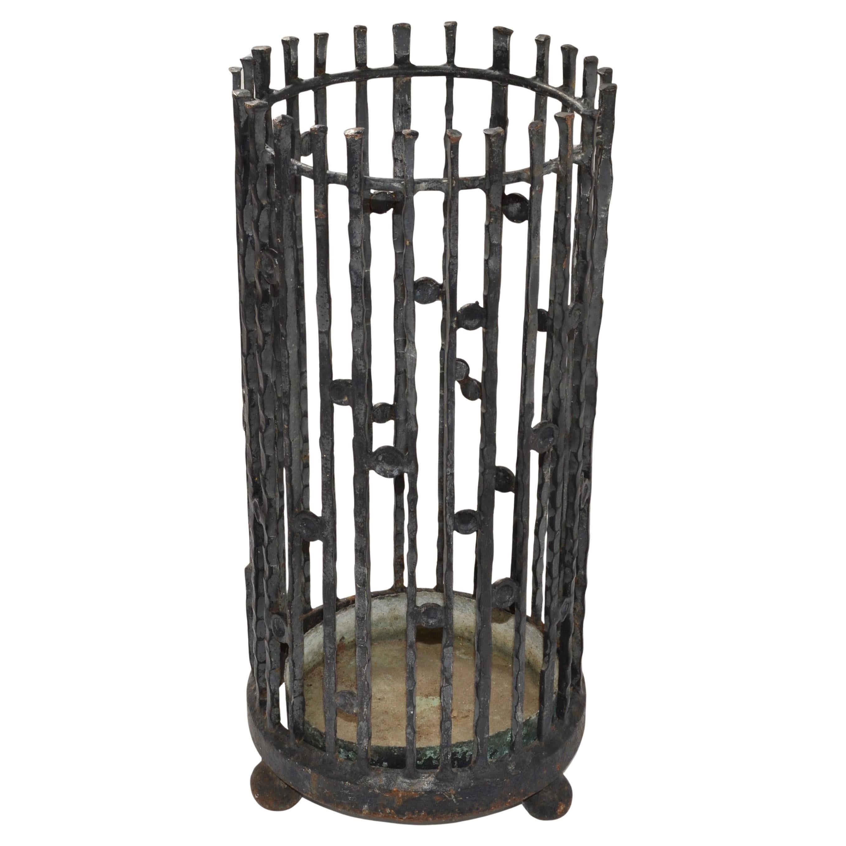 20s Italian Handmade Wrought Iron Umbrella Stand Art Nouveau Style Bronze Saucer