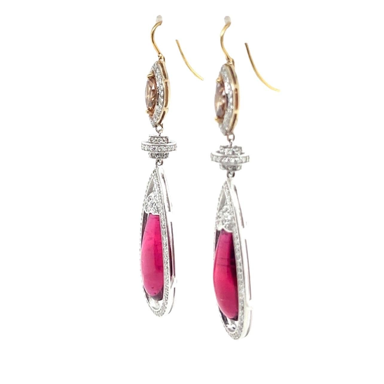 Marquise Cut 20tct Drop Rubellite Earrings in 18k White and Yellow Gold with Bronze Diamonds For Sale