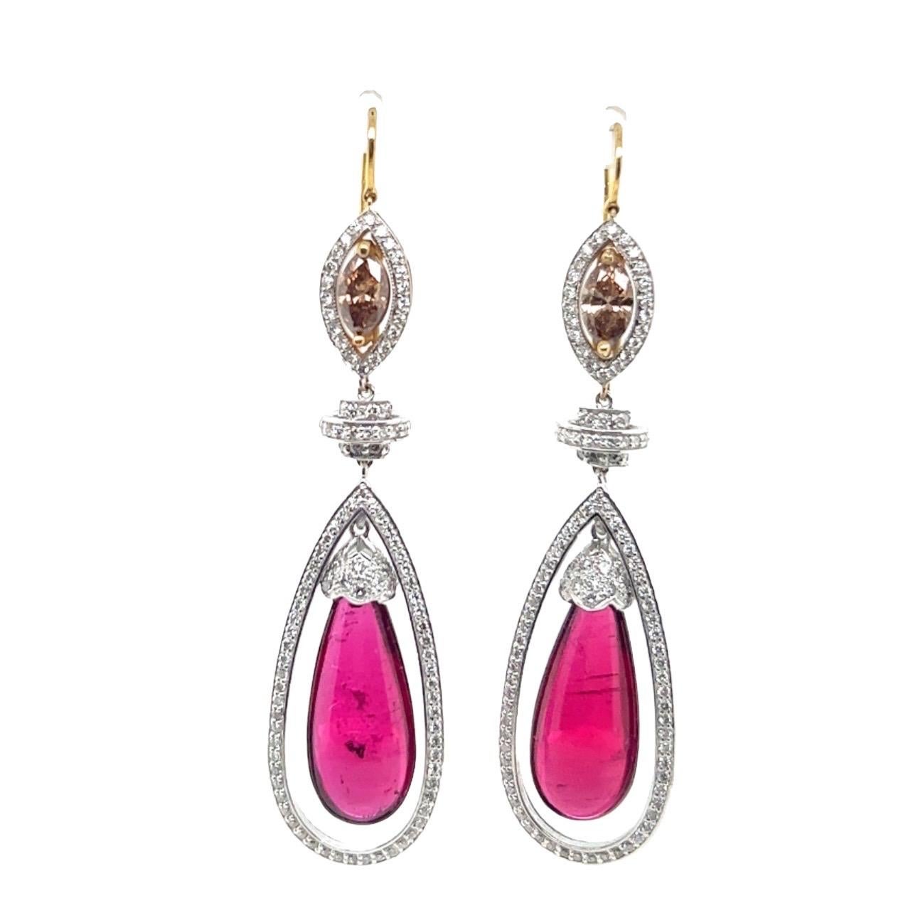 20tct Drop Rubellite Earrings in 18k White and Yellow Gold with Bronze Diamonds In New Condition For Sale In New York, NY