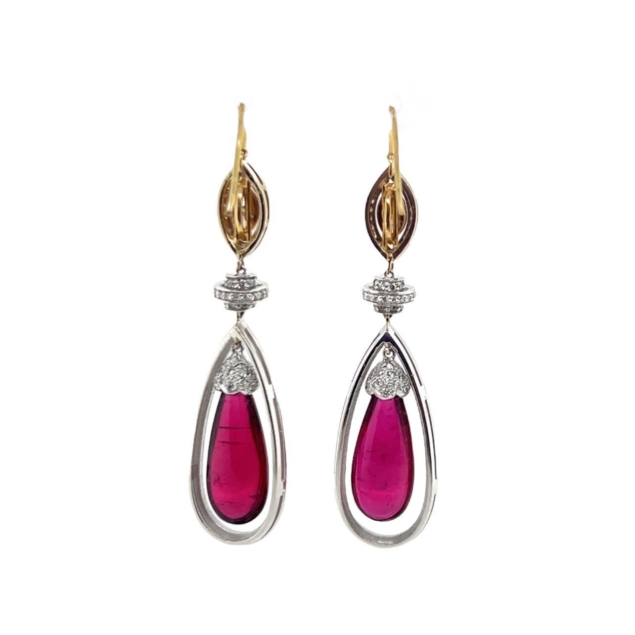 Women's or Men's 20tct Drop Rubellite Earrings in 18k White and Yellow Gold with Bronze Diamonds For Sale