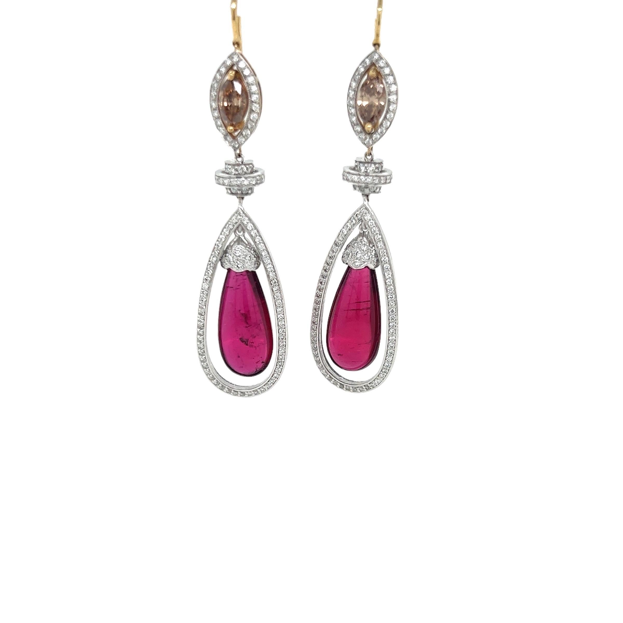 20tct Drop Rubellite Earrings in 18k White and Yellow Gold with Bronze Diamonds For Sale 1