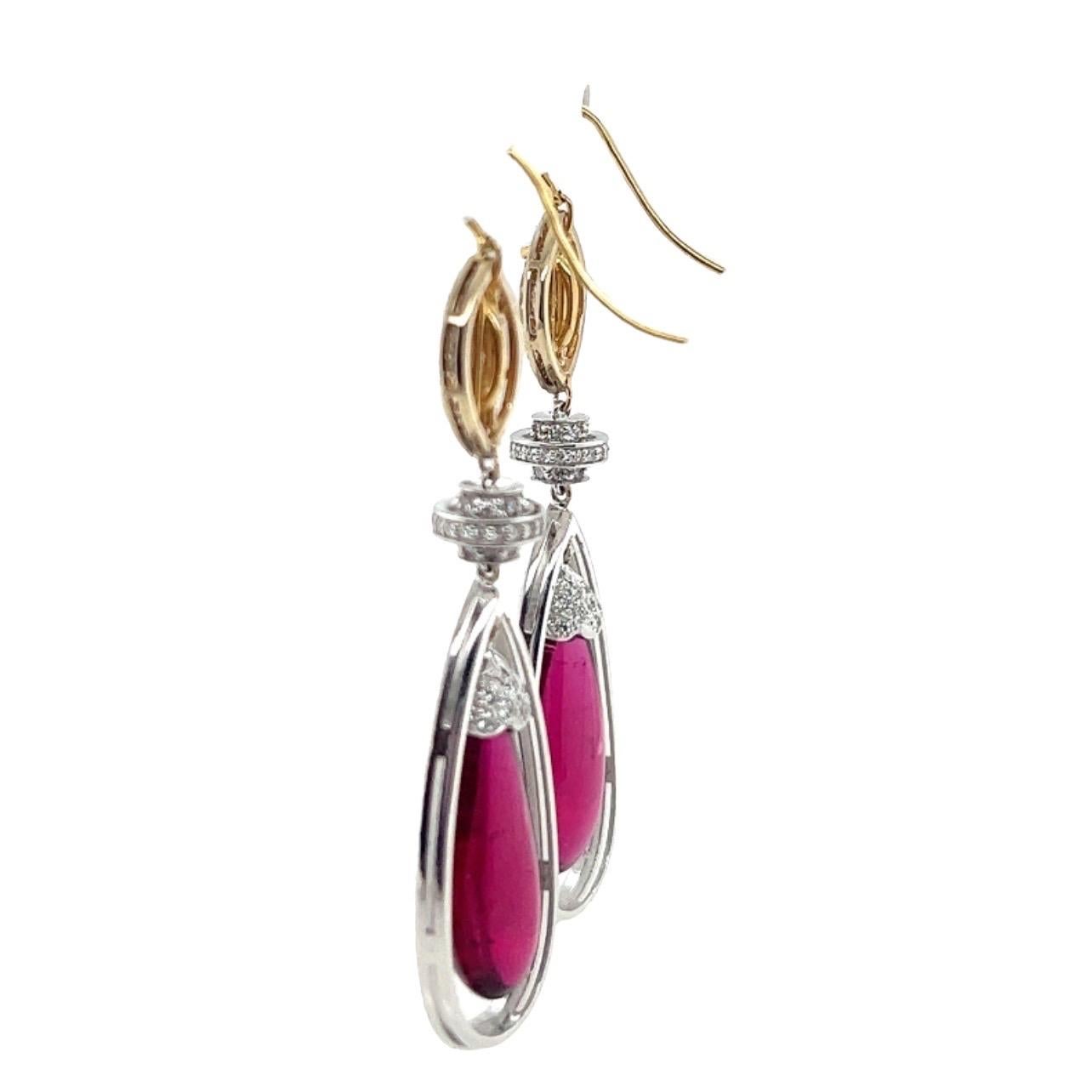 20tct Drop Rubellite Earrings in 18k White and Yellow Gold with Bronze Diamonds For Sale 2