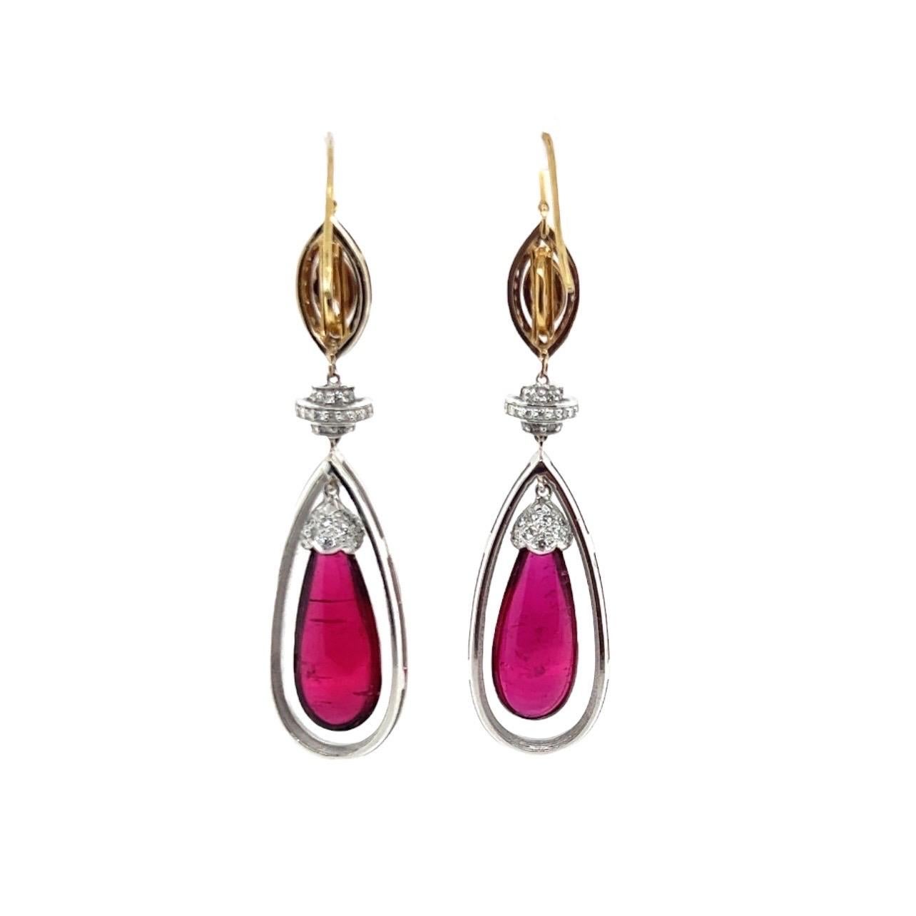 20tct Drop Rubellite Earrings in 18k White and Yellow Gold with Bronze Diamonds For Sale 3