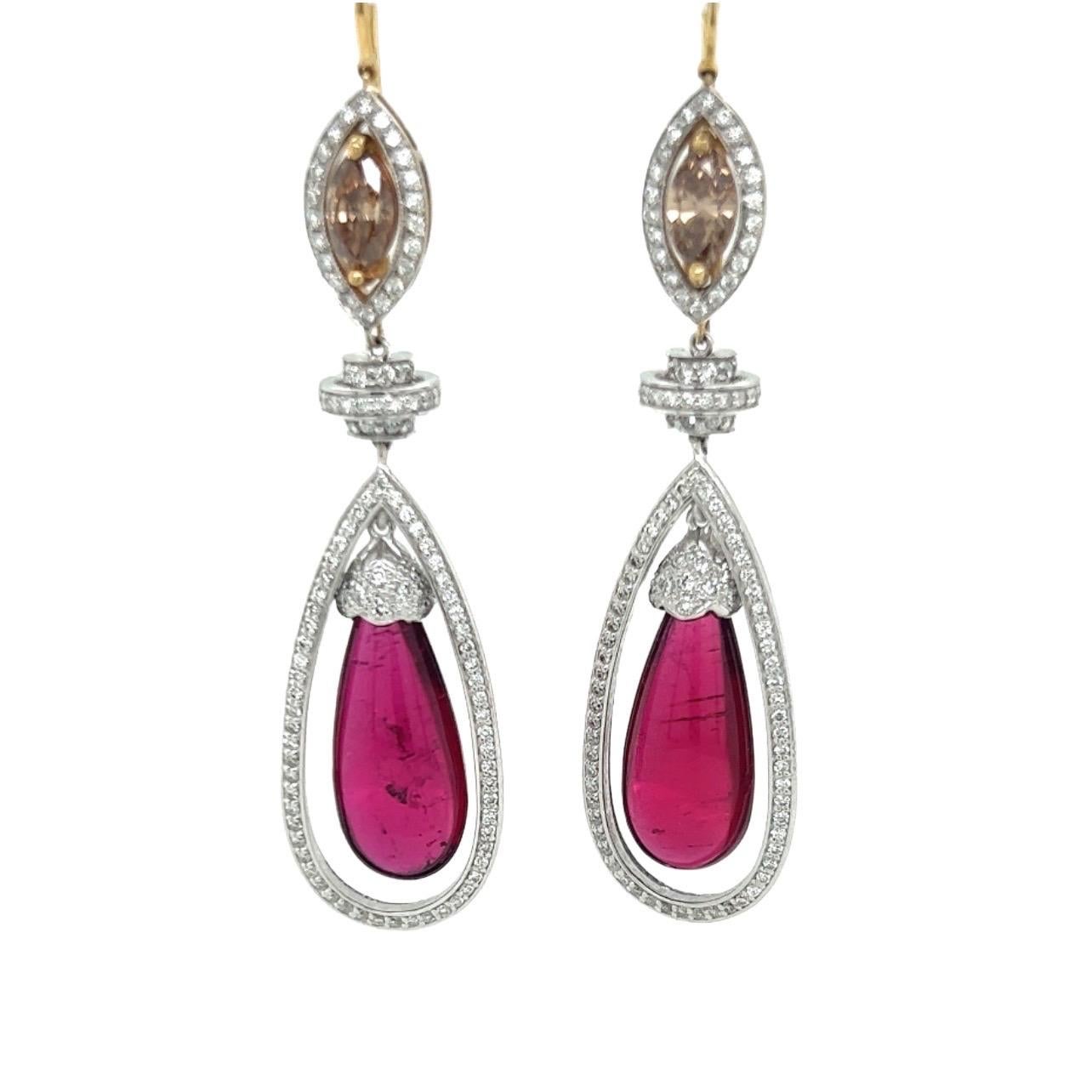20tct Drop Rubellite Earrings in 18k White and Yellow Gold with Bronze Diamonds For Sale 4