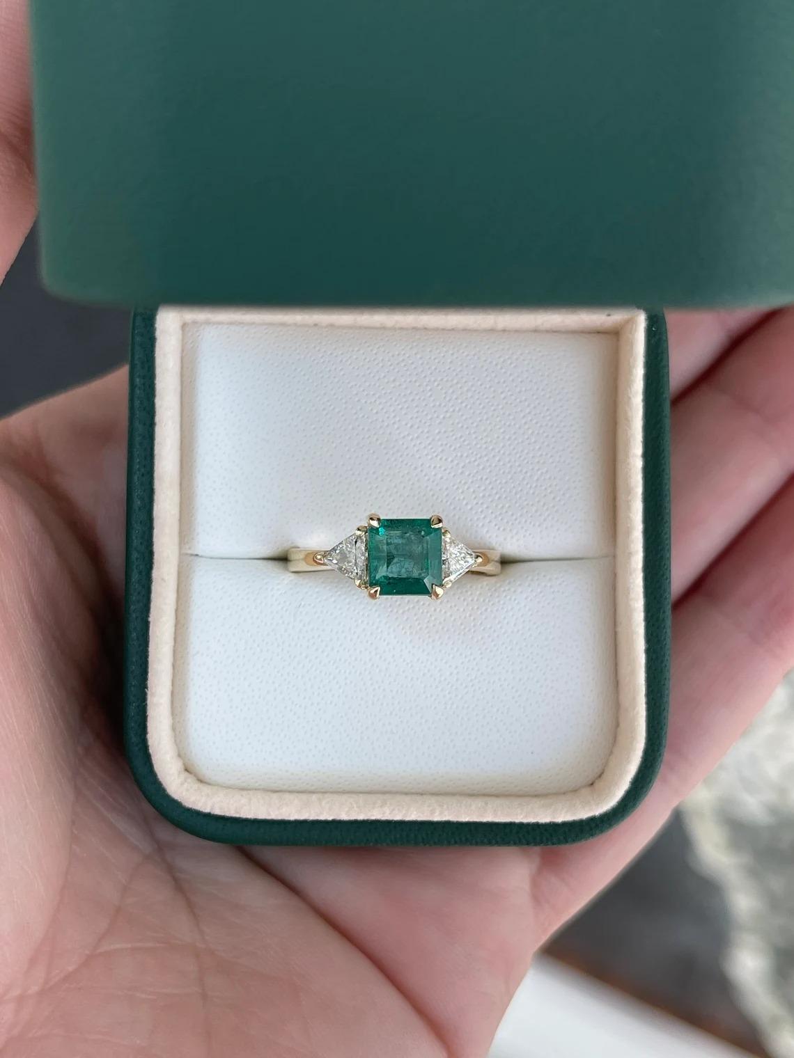 Asscher Cut 2.0tcw 14K Asscher Emerald & Trillion Cut Diamond Accent Three Stone Engage Ring For Sale