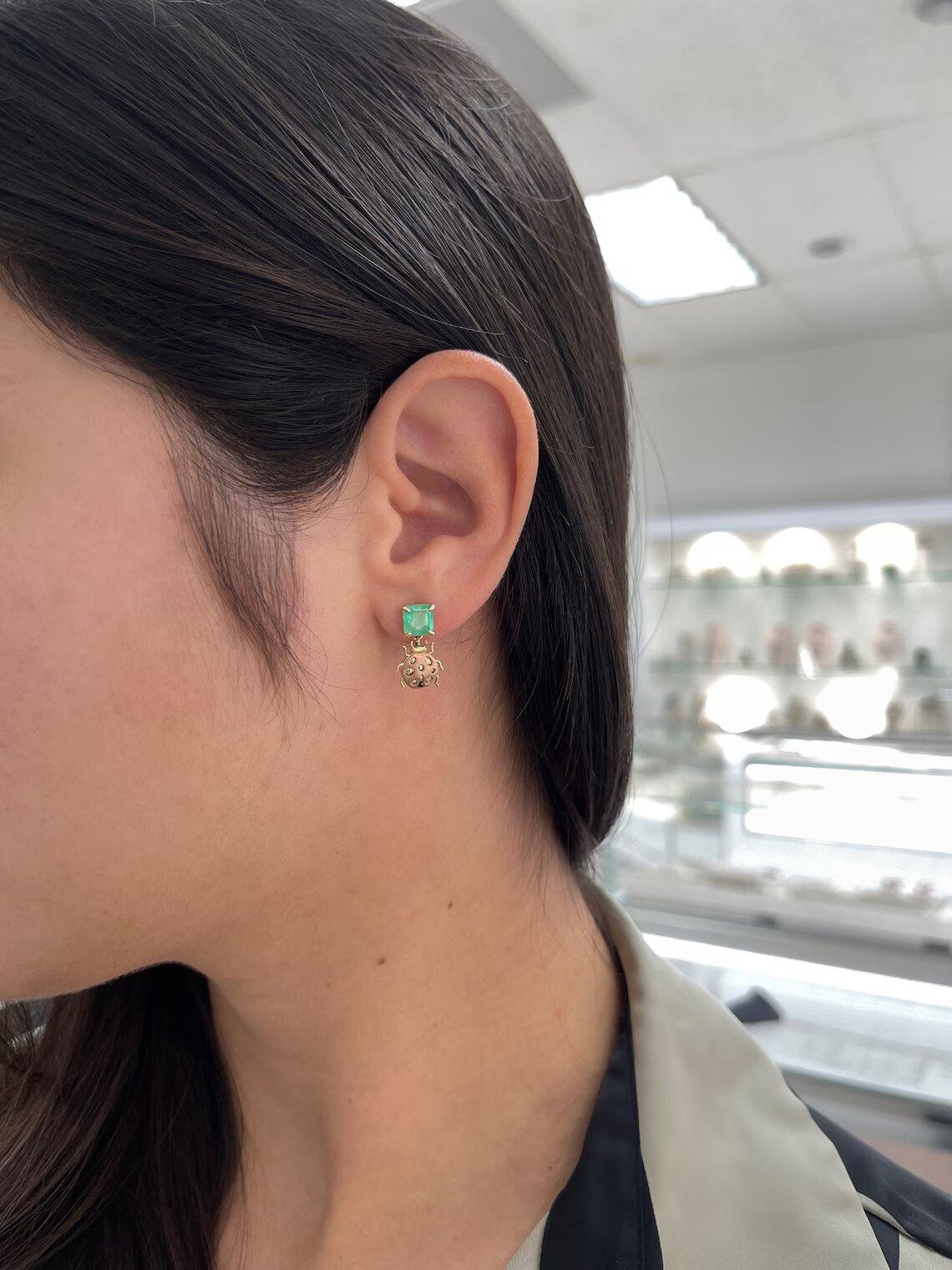 2,0tcw 14K kolumbianischer Smaragd Asscher-Schliff Ladybug Ohrhänger Medium Grün im Angebot 2