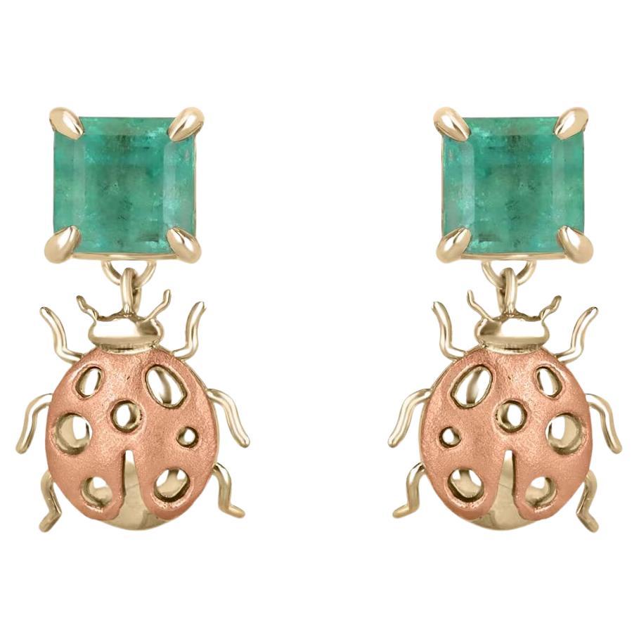 2.0tcw 14K Colombian Emerald Asscher Cut Ladybug Dangle Earrings Medium Green