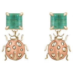 2.0tcw 14K Colombian Emerald Asscher Cut Ladybug Dangle Earrings Medium Green