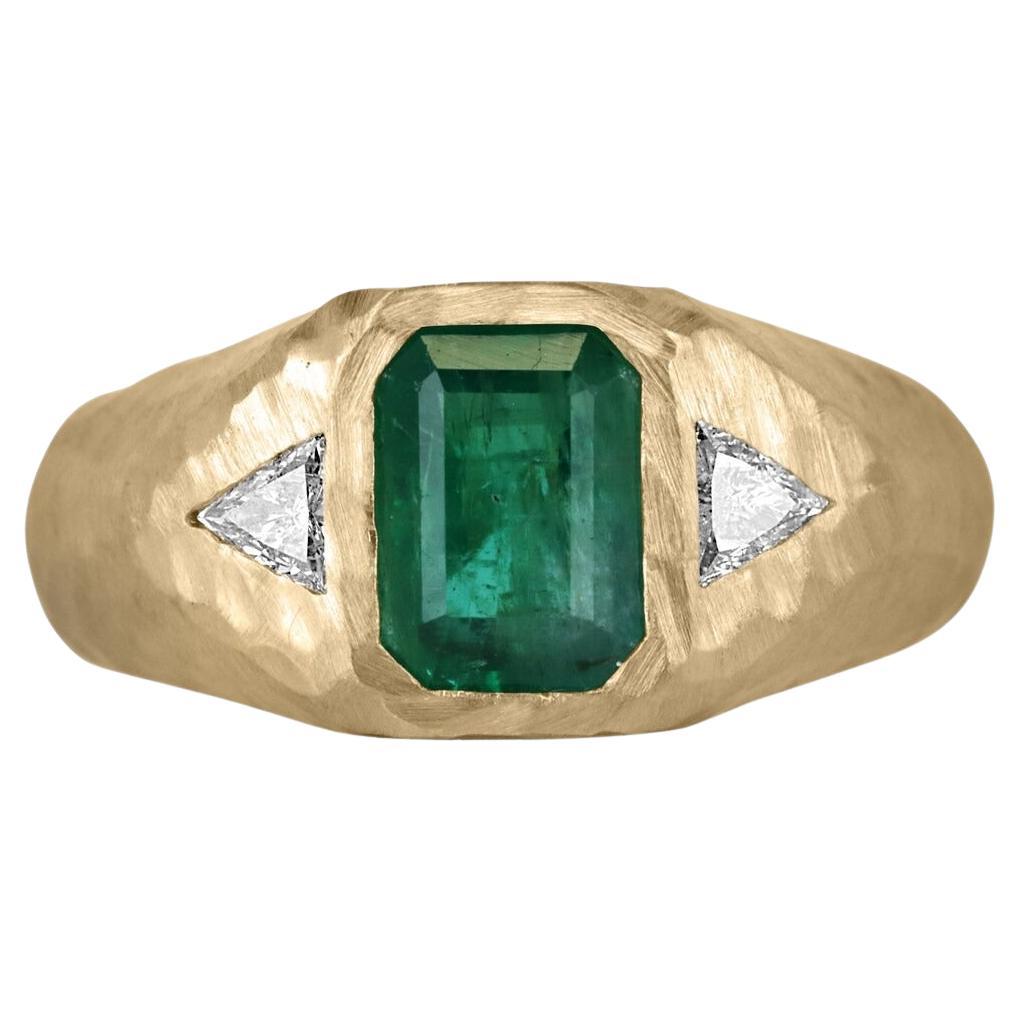 2.0tcw 14K Emerald Cut Emerald Vertical & Trillion Diamond 3 Stone Gold Finish For Sale