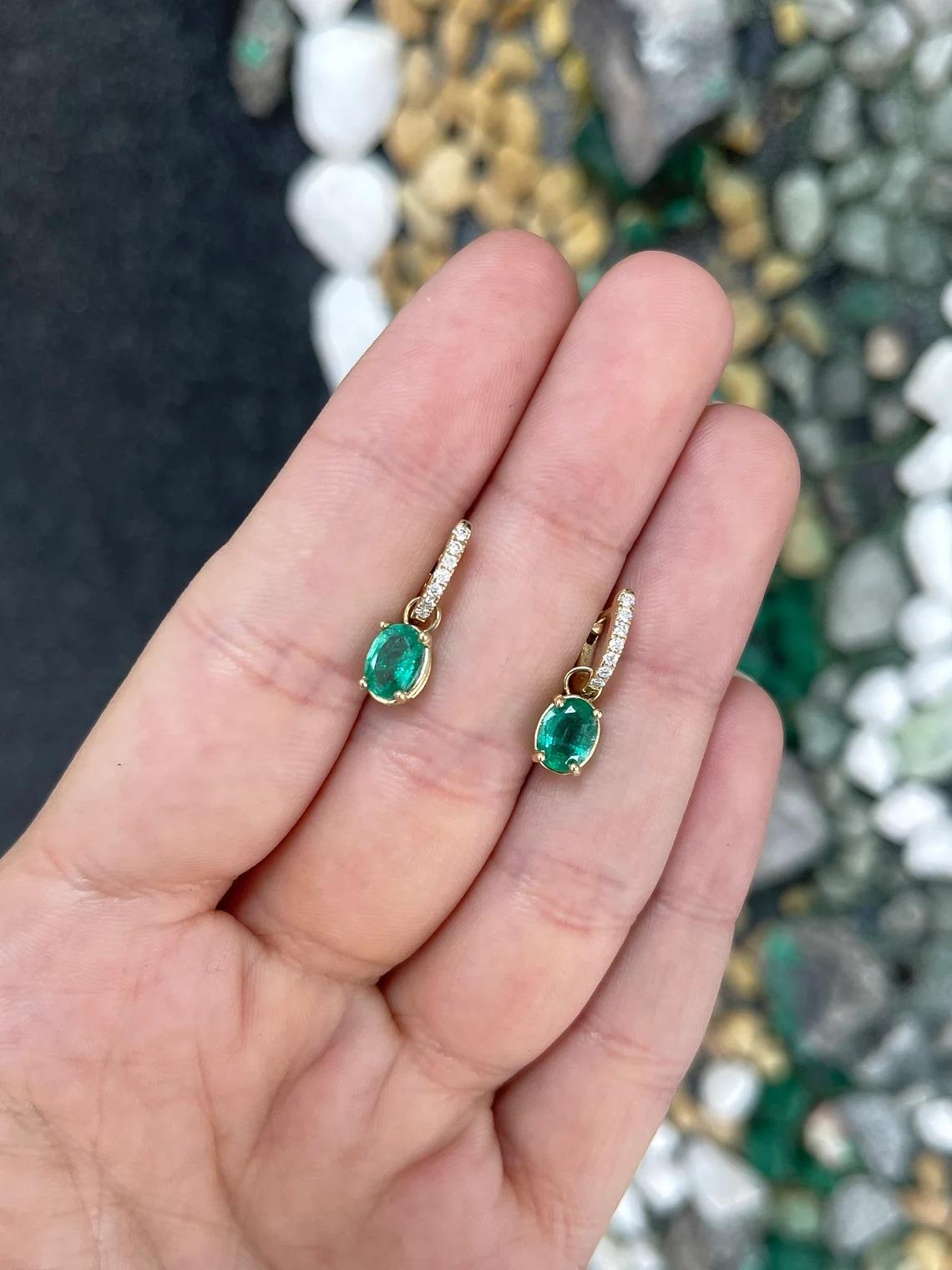 2.0tcw 14K Natural Lush Green Oval Cut Emerald & Diamond Accent Dangle Earrings In New Condition For Sale In Jupiter, FL