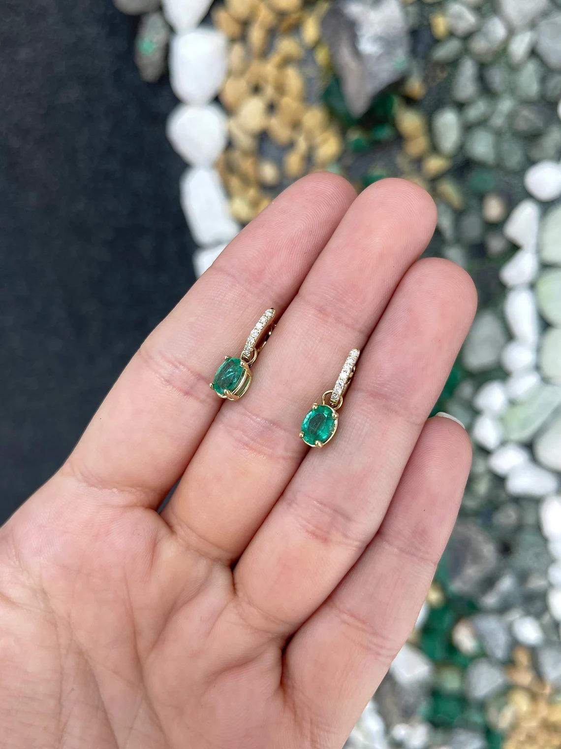 Women's 2.0tcw 14K Natural Lush Green Oval Cut Emerald & Diamond Accent Dangle Earrings For Sale