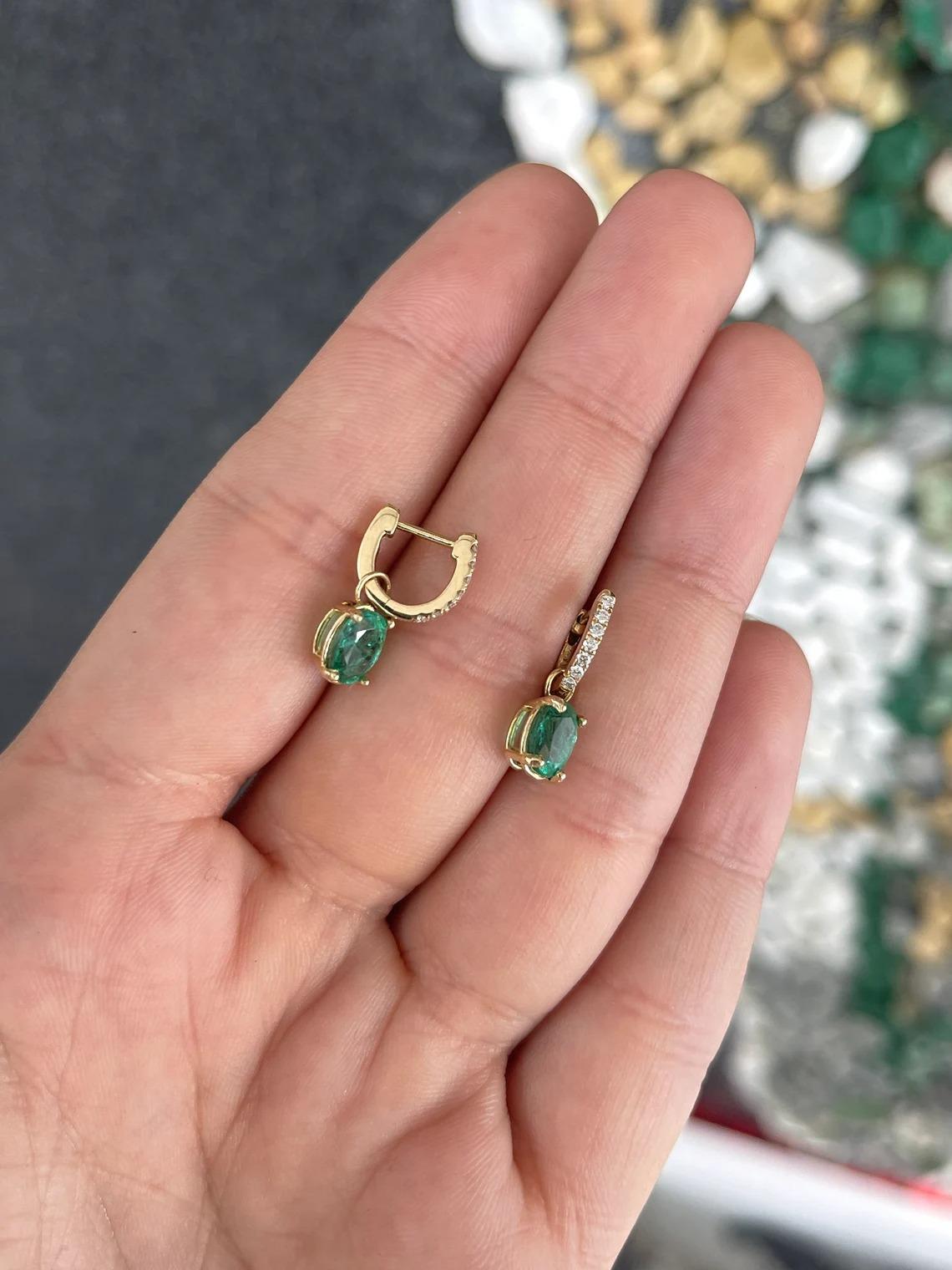 2.0tcw 14K Natural Lush Green Oval Cut Emerald & Diamond Accent Dangle Earrings For Sale 2