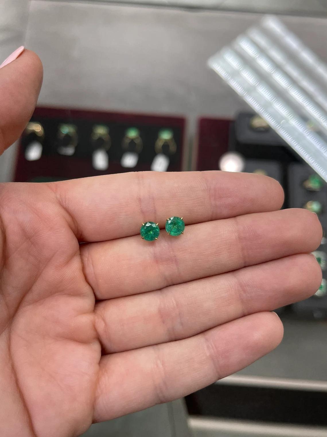 Modern 2.0tcw 14K Round Shape Rich Dark Green Natural Emerald Four Prong Earrings For Sale